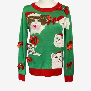Tipsy Elves Small Cat Christmas Sweater Green Bows Jingle Bells Ugly Holiday